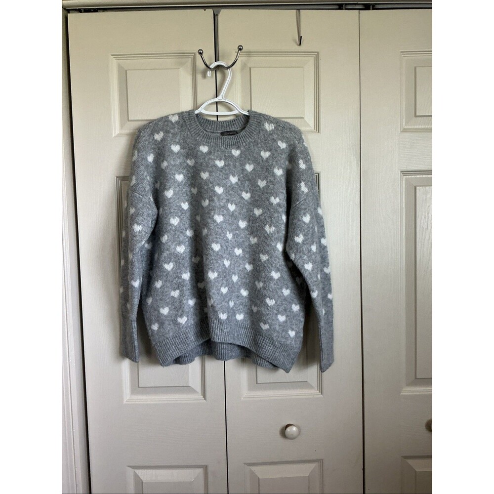 Vince Camuto Gray White Heart Pattern Cozy Crewneck Valentine Knit Sweater Small